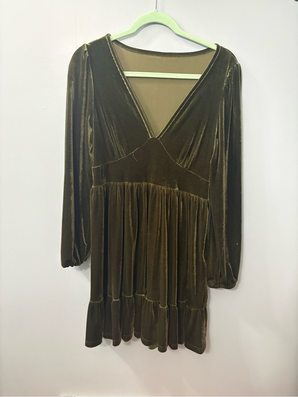 Velvet V-Neck Long Sleeve Mini Dress in Olive Green